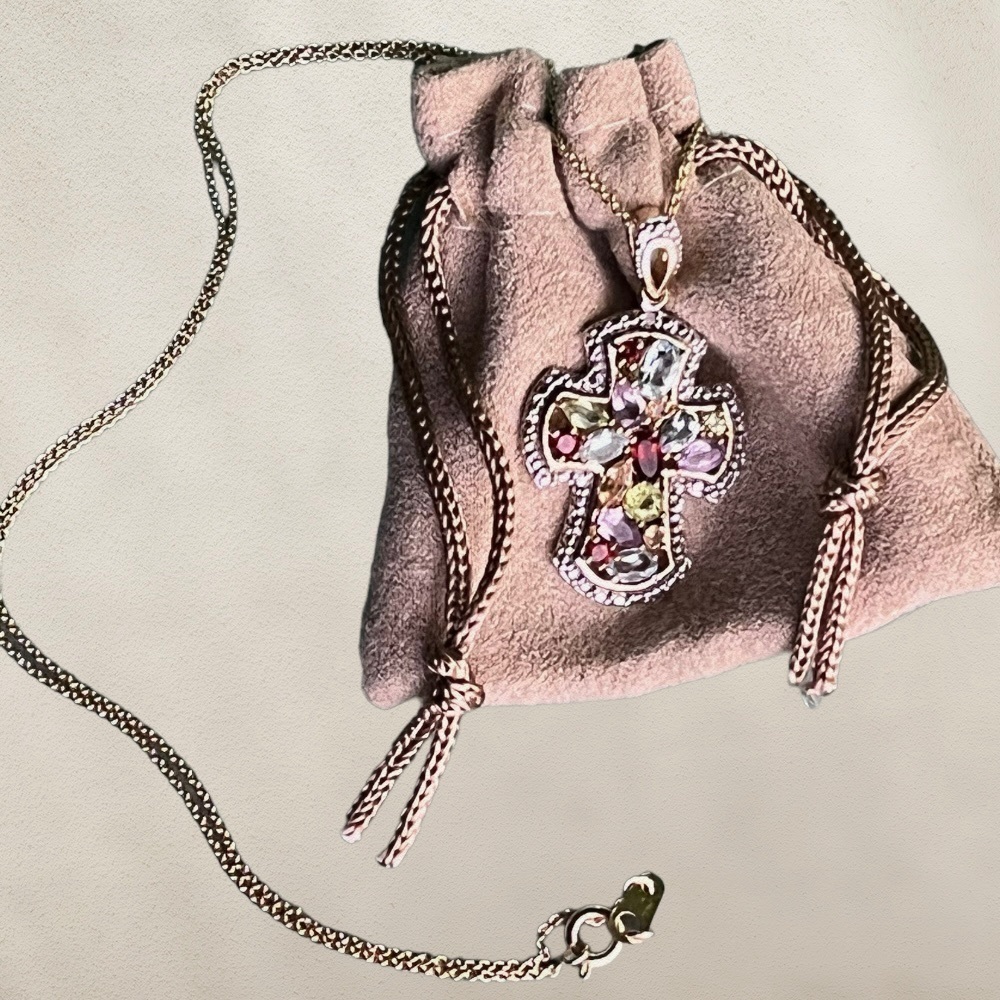 FAS Sterling Silver Gold Vermeil Gemstone Cross Pendant w/ Cable Chain Necklace  - Picture 4 of 4